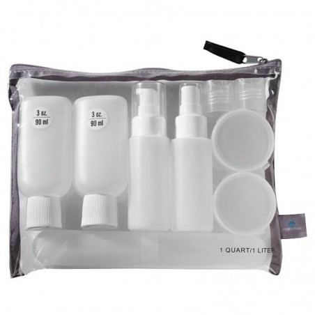 Set de botellas y pastilleros de viaje con bolsa transparente